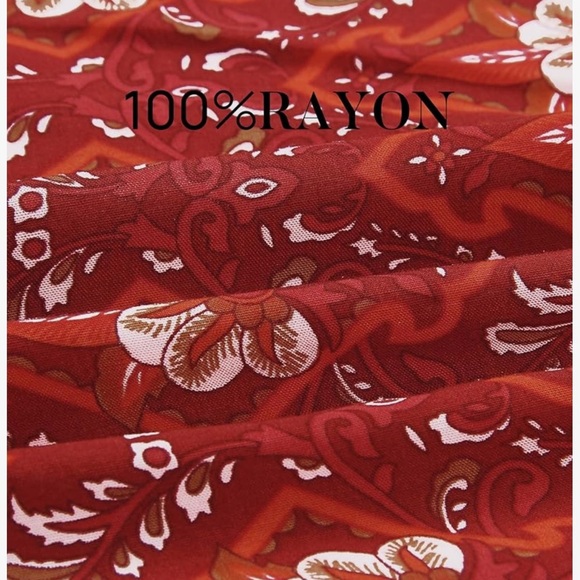 red bohemian floral print short butterfly sleeves adjustable tie waist - Picture 4 of 6